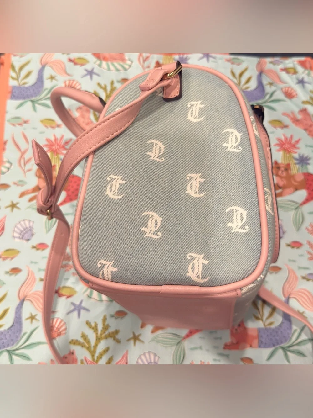 Juicy Couture Denim Purse w Long Strap & White Gothic Lettering w Pink Details